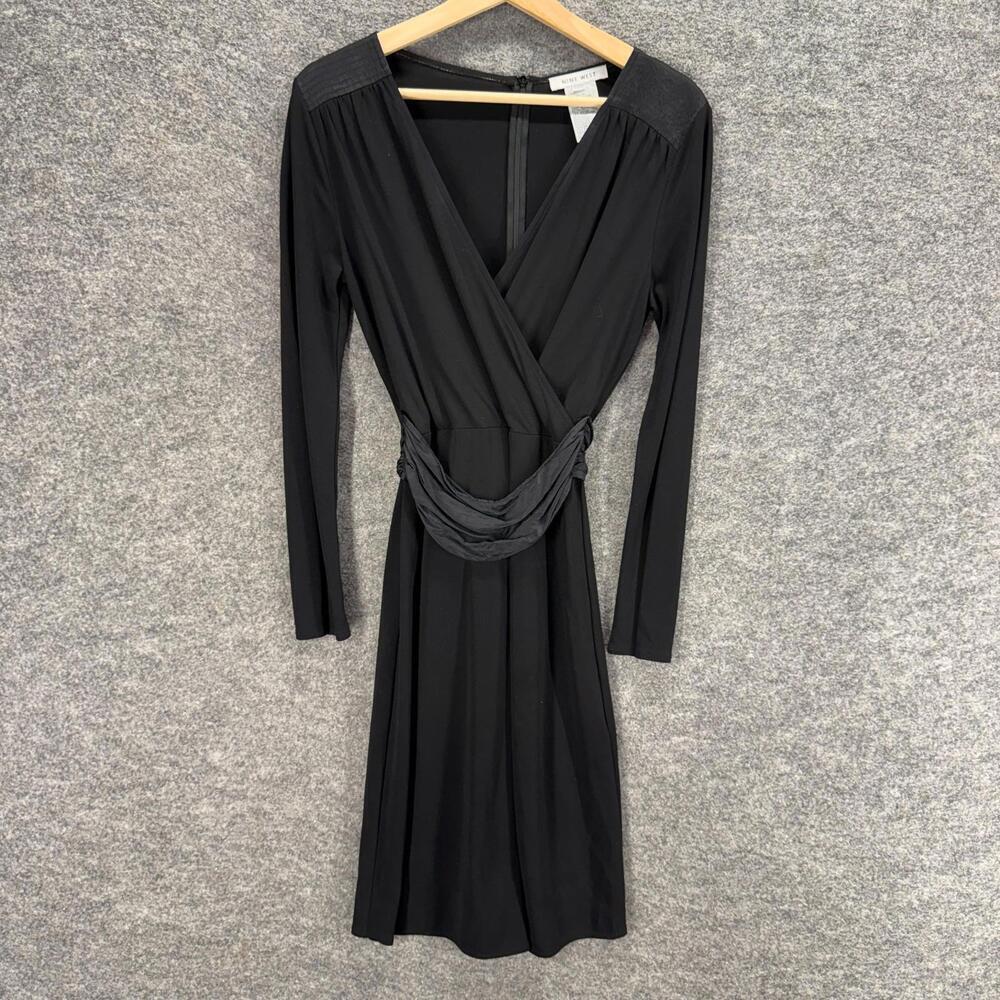 Nine West Dress Women XS Black Sheath Midi V-Neck Belted Long Sleeve Zipper